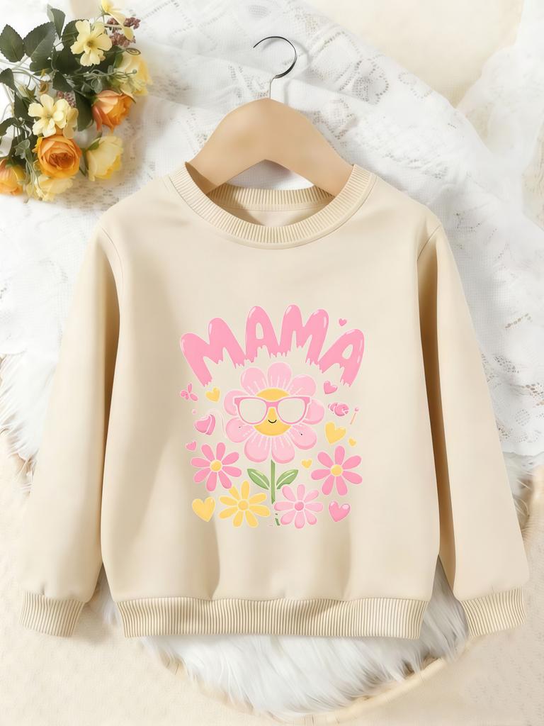 Unisex Kids Crewneck Sweatshirt, Cute Pink Mama Flower Heart Print Pullover, Boys Girls Mother's Day Casual Sweatshirt For Kids Over 4 Years Old