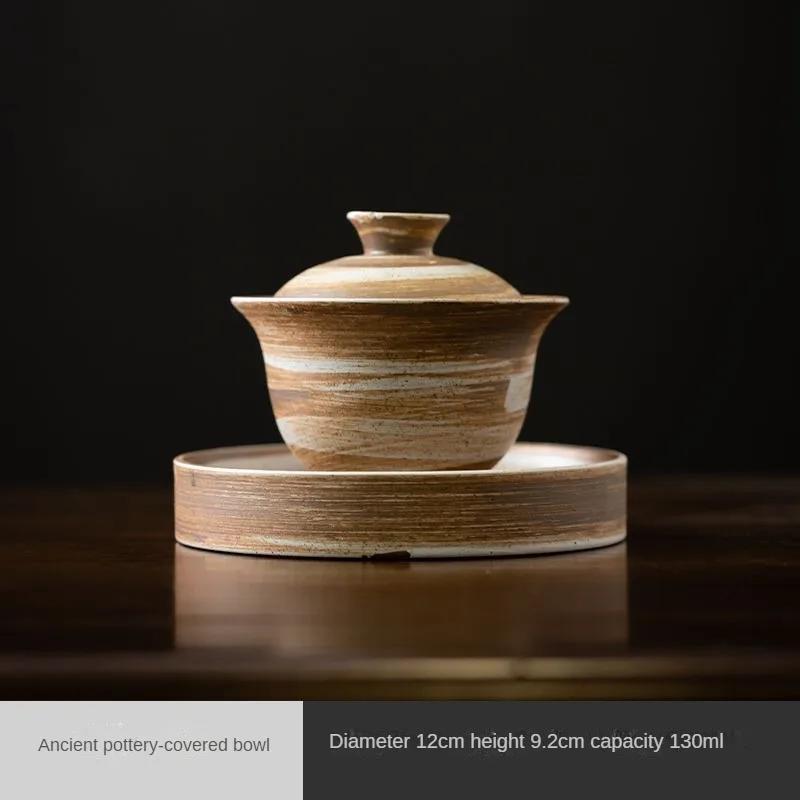 Ceramic Gaiwan Creative Kung Fu Tea Set Tea Bowl Zen Coarse Pottery Hand Brushed Glaze Tea Cup Chinese Gaiwan Tea Tureen