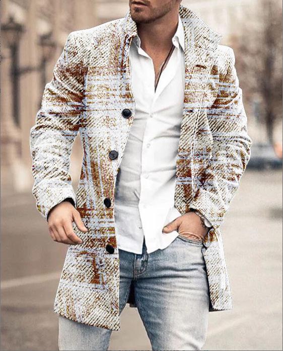 Men's Woolen Mid-Length Digital Print Coat - Autumn/Winter Collection