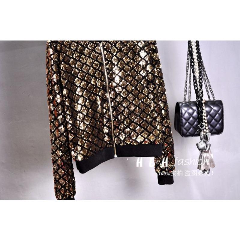 New Sequined Jacket Small Coat Round Neck Long Sleeves Versatile Short Hong Kong Style Chic Top Baseball Uniform for Women