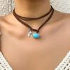 Boho Leather Rope Necklace with Turquoise Pendant for Women; Simple Vintage Jewelry Gifts and Choker Accessories