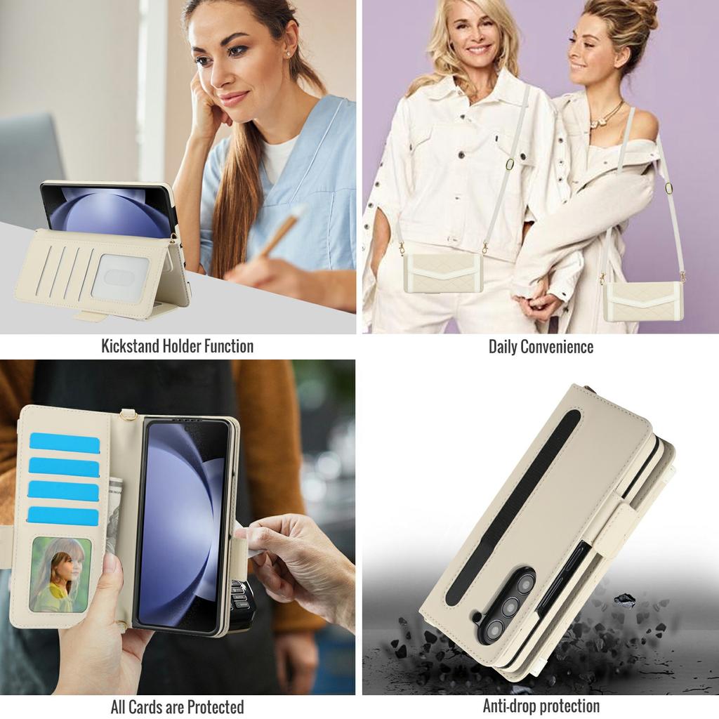 For Samsung Galaxy Z Fold5 5G Case Quilted Design PU Leather Wallet Phone Cover with Shoulder Strap