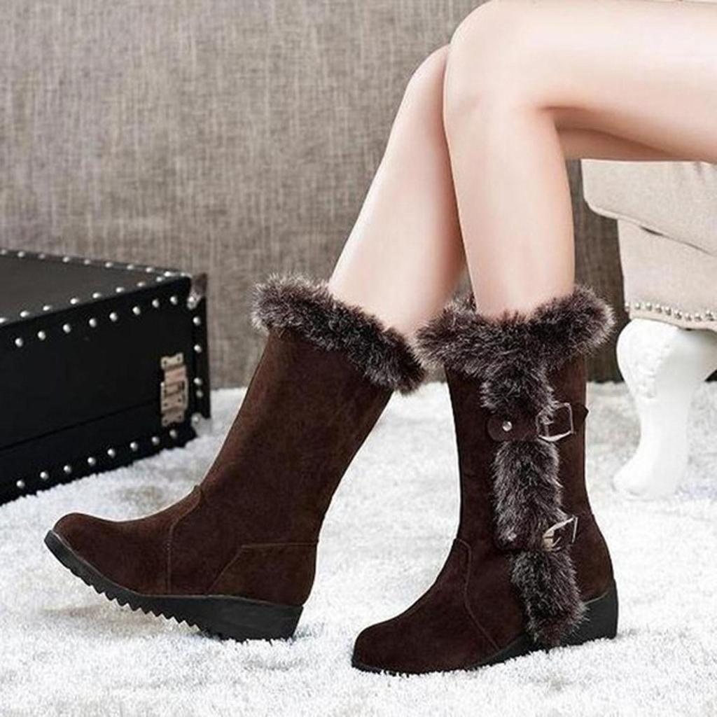 Damen Schneestiefel Warme Plüschstiefel Slope Heel Gürtelschnalle Mittelstiefel