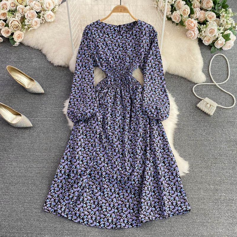 

Ранняя осень Простое платье с длинными рукавами Элегантное Изящное Black base with purple flowers All yards