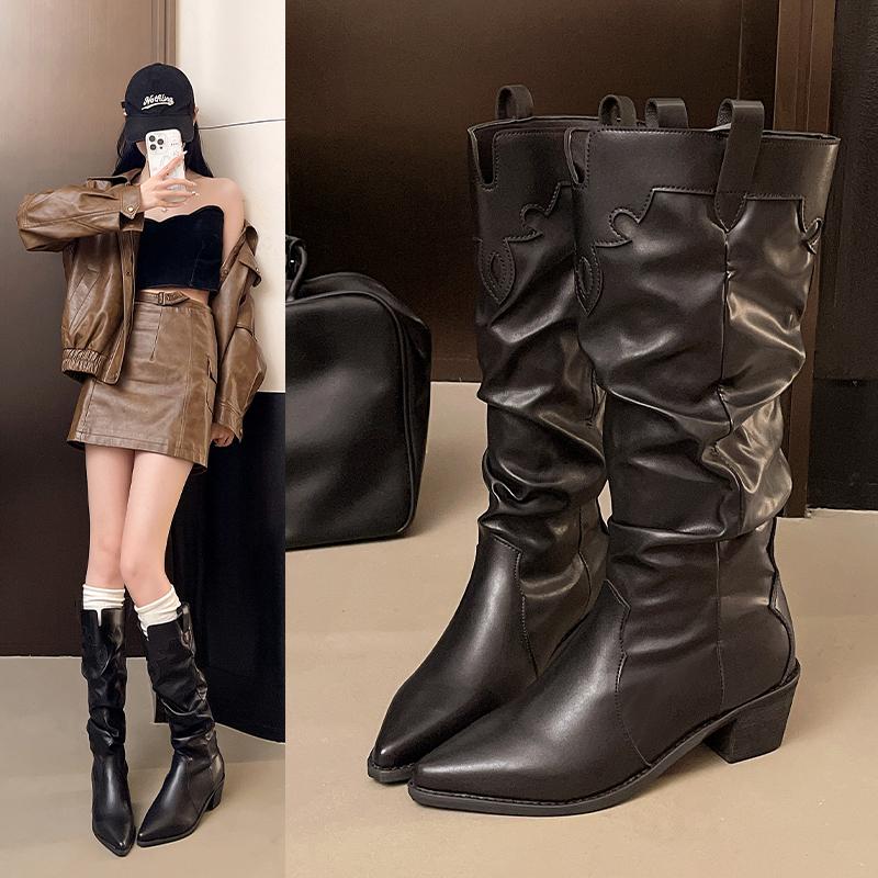 Pleated Thick Heels Boots Women 2025 Autumn Pointed Toe Pu Leather Mid Calf Boots Woman Gothic Slip on Designer Shoes
