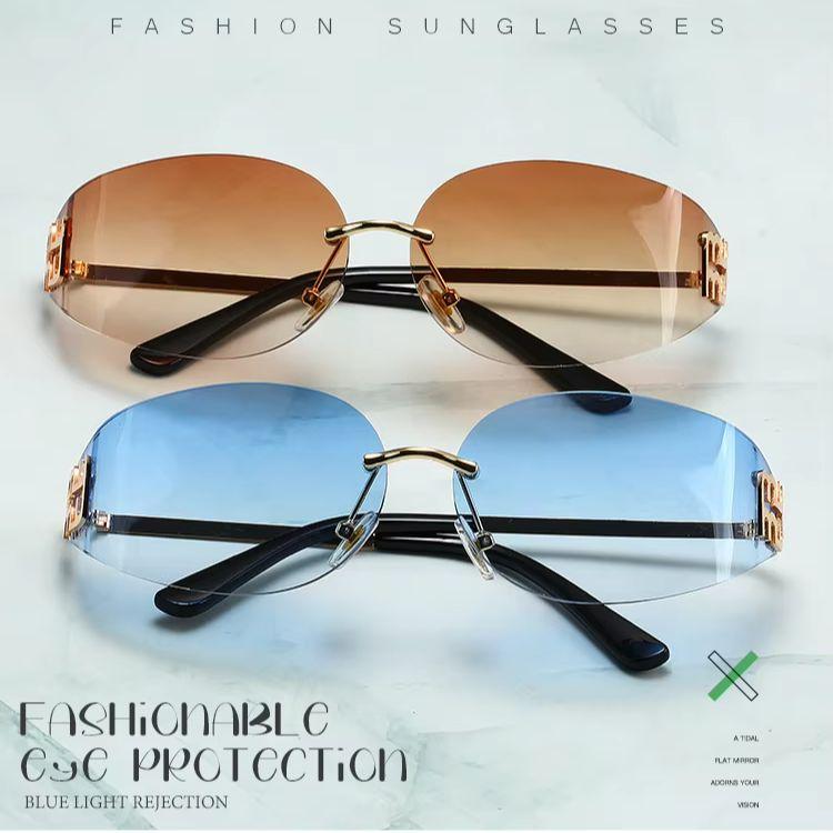 Rimless Oval Sunglasses Women UV400 Oversized Gradient Black Lenses Metal Frame Punk Goggles Female