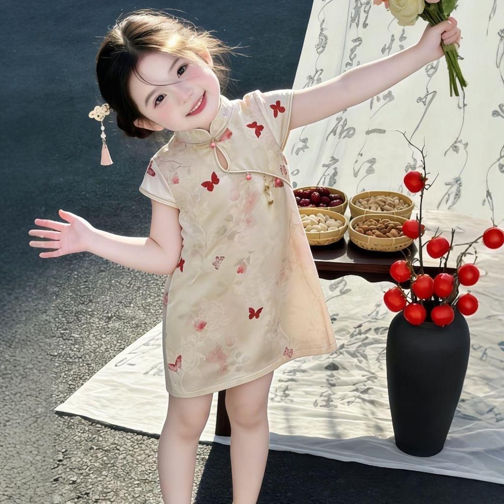 2026 Summer Children's Butterfly Floral Cheongsam Dress - National Style for Girls