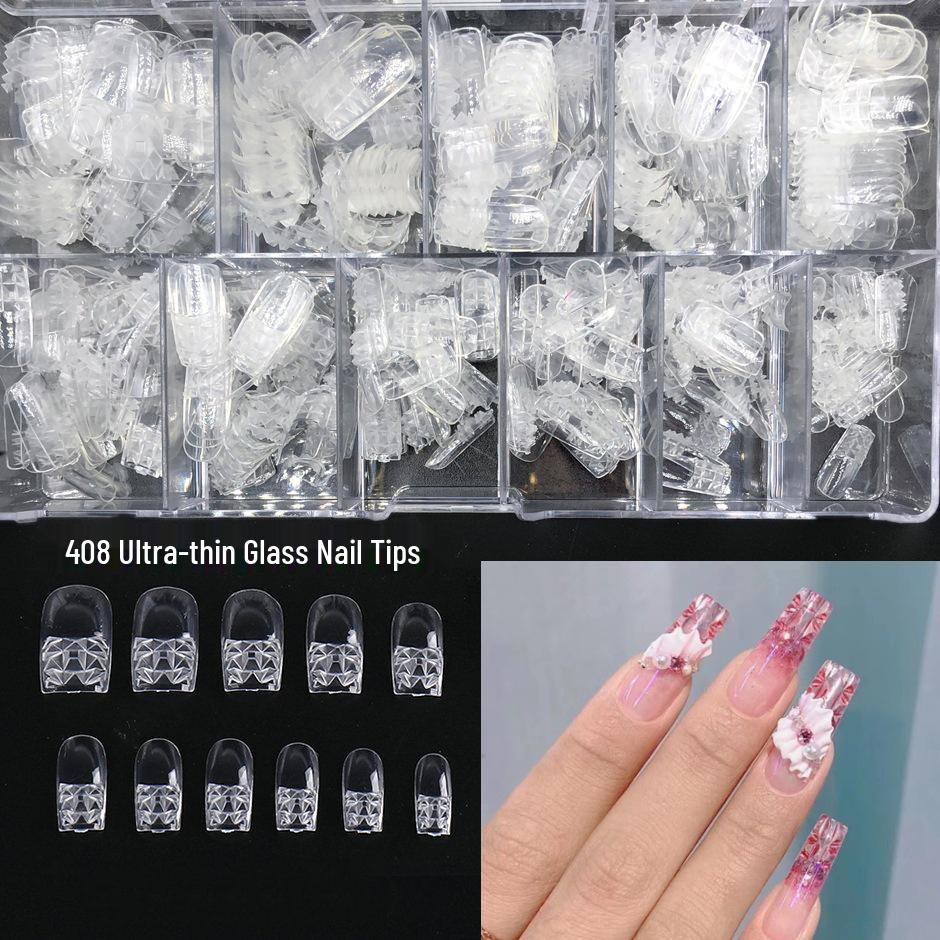 

Nail Art Glass Tips: Transparent Trapezoid 3D Crystal False Nails - Long Pointed Square, Concave-Convex Design