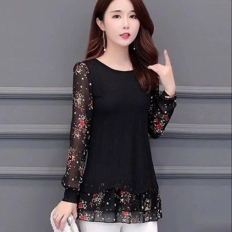 

Весенне-осенняя рубашка большого размера с тонким дном, маленькая рубашка в западном стиле «Благородная мама», футболка с длинными рукавами 5XL