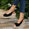 Fashion Black Suede Peep Toe Sandals Women Bohemia Metal Buckle Platform Wedge Heels Shoes Women Comfortable Light Weight Heeled Sandals