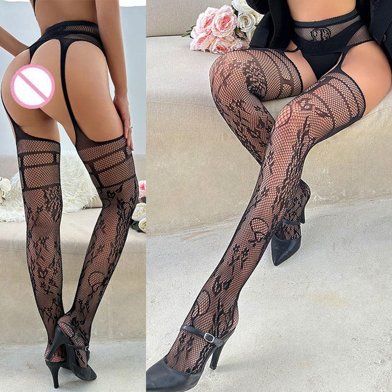 New Sexy Garters Stockings Hot Women Crotchless Tights Sexy Lingerie Hollow Out Pantyhose Sex Accessories Fashion High Socks
