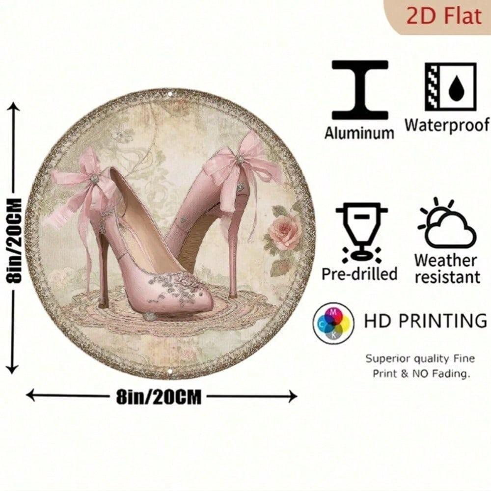 Vintage Metal Wall Art 8x8 Inch, Elegant Lace Pearl High Heel Shoe Decor with Floral Bow, Round Hanging Ornament for Home Bedroom Living Room