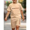 Boy PARIS Letter Print Fashionable Casual Easy Comfortable Versatile T-Shirt Shorts Set, for Outdoor