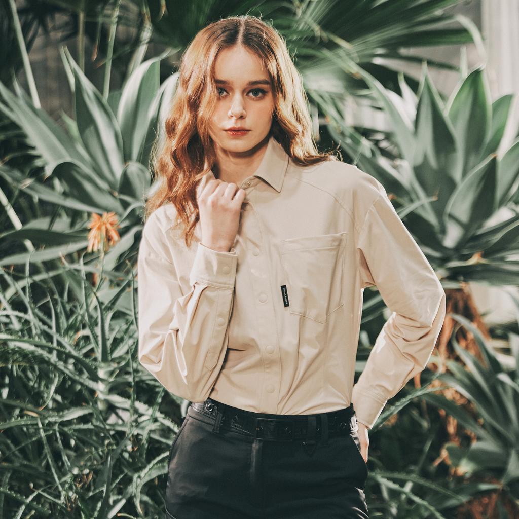 CHALLENGER Cooling Spandex Drop Shoulder Women'S Full-Open Shirt-Style Long Sleeve T-Shirt Light Beige
