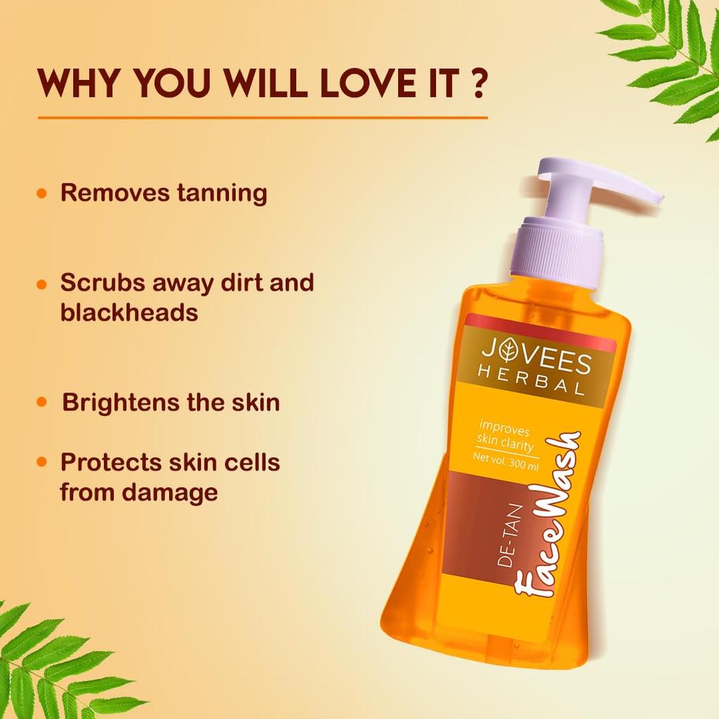 Jovees Herbal Detan Face Wash 300ml Gentle Cleanser For Tan Removal Glowing Even Tone Hydration Brightening Clear Skin For All Skin Types