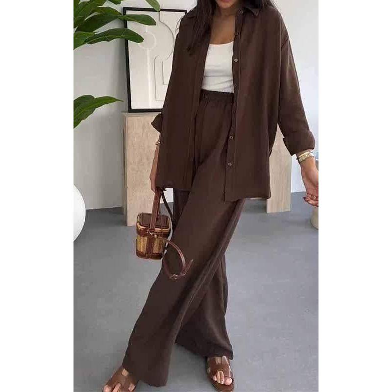 European and American Women Clothes Fashion Solid Loose Top Casual Wide-Leg Pants Two-piece Set Casual Two-Piece Set
