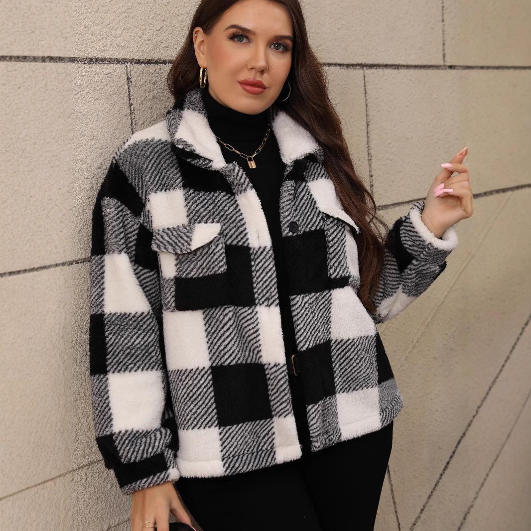 

Пальто большого размера для женщин большого размера с двусторонним клетчатым узором и однобортным лацканом 4XL