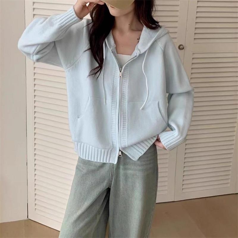 Drawstring Hooded Sweater Jacket Women's Autumn and Winter New Lazy Style Knitted Cardigan College Style Sweater