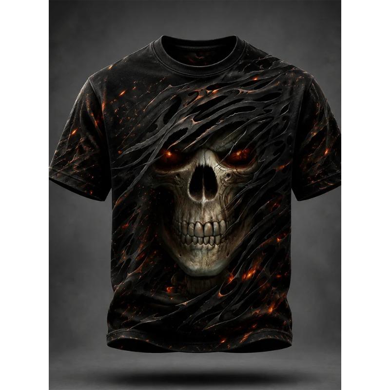 Men's Casual Round-Neck Short-Sleeve T-Shirt Trendy Men's Top with Flame and Skull Print  Shirt for Holiday Parties