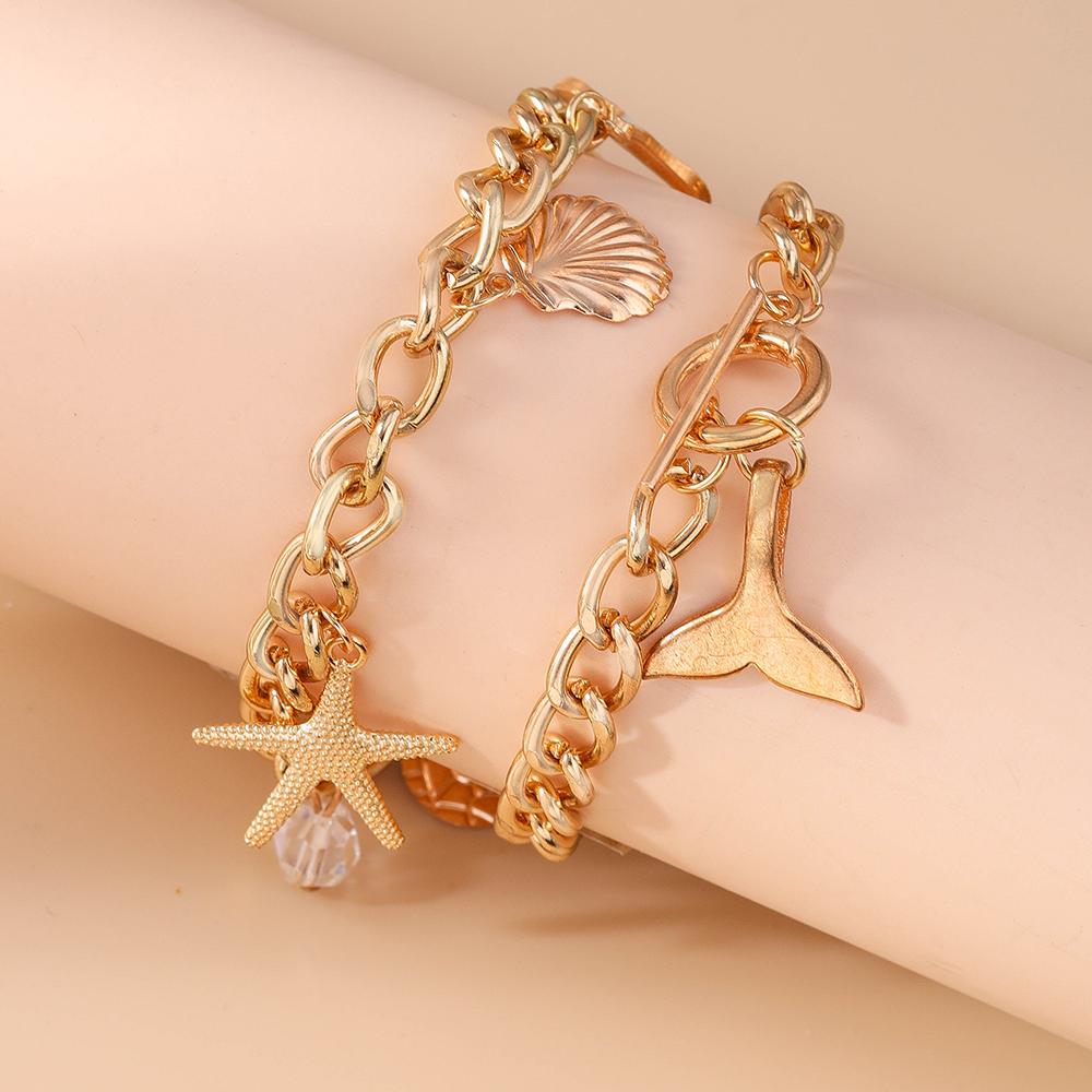 2pcs/set Gold Color Starfish Shell Bracelet for Women Girls Summer Beach Bracelets Chain Party Holiday Jewelry Gift