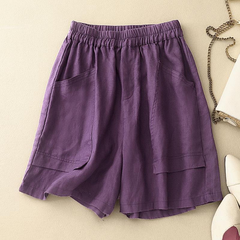 Women's 2024 Retro Cotton-Linen Elastic Waist Shorts with Large Pockets, Wide-Leg, Slimming, Straight-Leg, Versatile Design