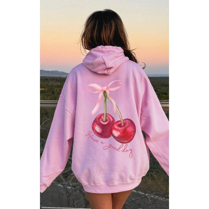 European Women's Cherry Coquette Ribbed Hoodie Sweatshirt