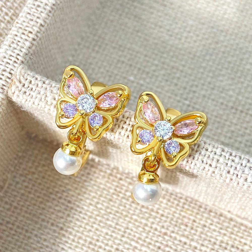18k Gold Plated Trendy Brass Jewelry Cubic Zirconia Pearl Butterfly Hoop Earrings trendy