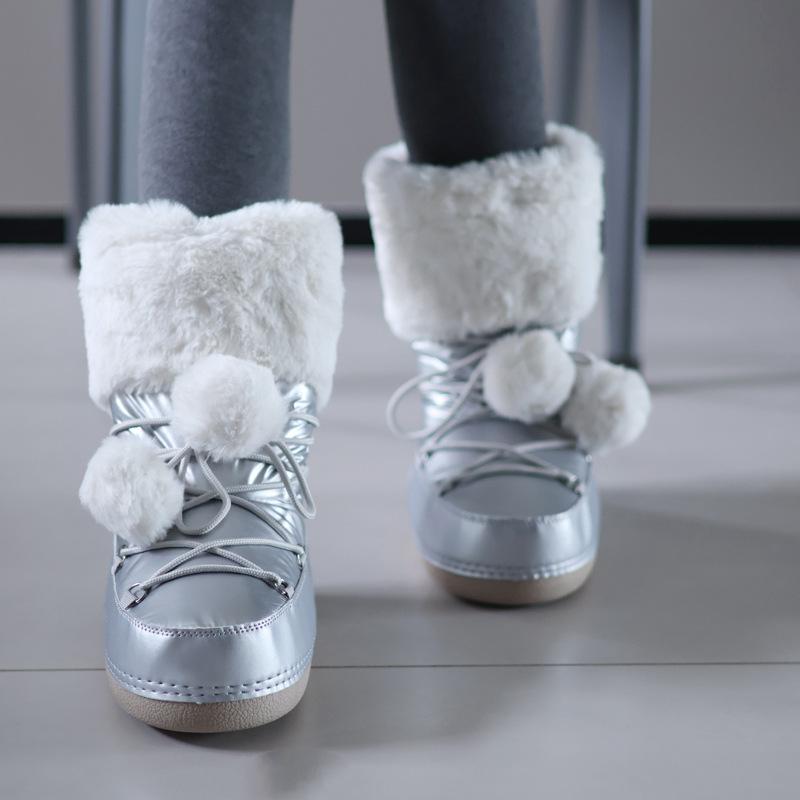 

Winter Women Middle-Calf Snow Boots Fluffy Fur Lace-Up Platform Female Ski Boots Size 35-40 35 серый