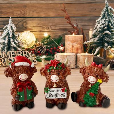 3 Pezzi Statuette Mucca delle Highlands Decorazione Natalizia Resina Vitello Statua Animale per Casa Giardino Ufficio Decorazione da Tavolo Rustica Fattoria