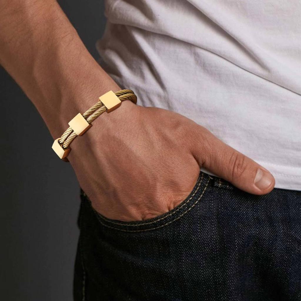 Vnox 10mm Width Double Layer Steel Rope Bracelet, Gold Silver Color Open Cuff Bangle with Square Charm, Men's Punk Jewelry Gifts