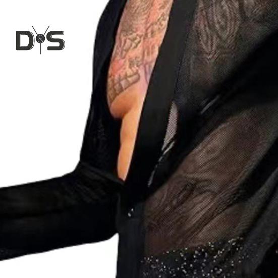 Herren Club Shirt Ultradünnes durchsichtiges Mesh V-Ausschnitt Button-Down Langarm Muskelshirt Männer Top Party Performance Top