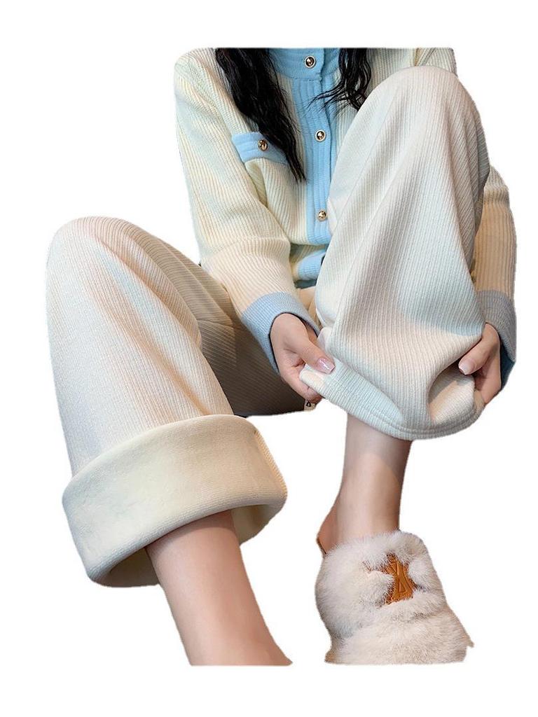 Women's High-Waist Fleece-Lined Wide-Leg Pants - Soft, Knitted, Loose-Fit for Autumn/Winter.