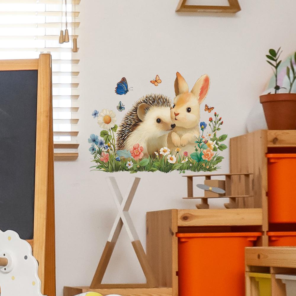 Self-adhesive Wall Stickers Cute Rabbit Hedgehog Butterflies Flowers for Kids Room Bedroom Home Decor