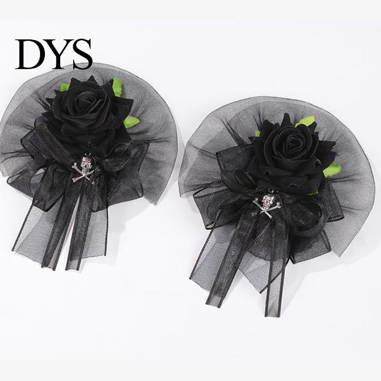 Artificial Rose Hand Flower Black Burgundy Tulle Mesh Corsage for Bridal Groom, Gothic Aesthetic Wristwear Women Boutonniere Wedding, Prom,