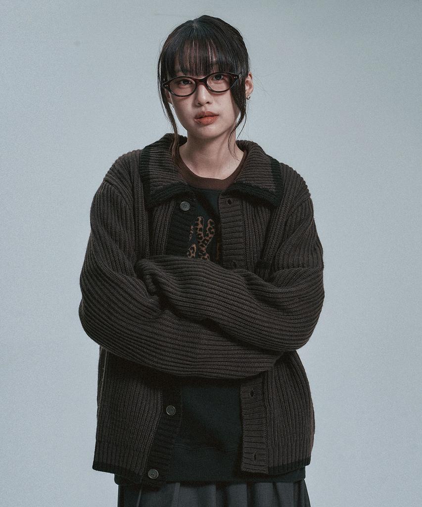 MOO Contrast Collar Knit Cardigan - Brown