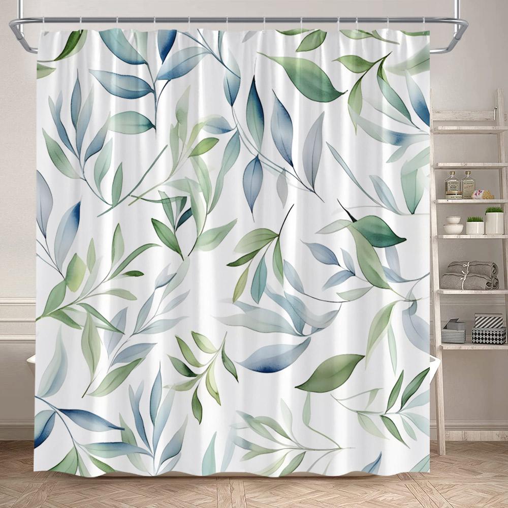 Grüne Pflanzenblätter Duschvorhänge Aquarell Eukalyptusblätter Kolibri Floral Badvorhang Heim Badezimmer Dekoration Mit Haken