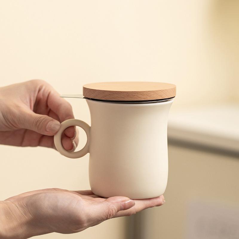 New Ceramic Cream Yellow Tea Cup with Lid Office Personal Use Mug Infuser Strainer Souvenir Gift for Coworkers Friends Family