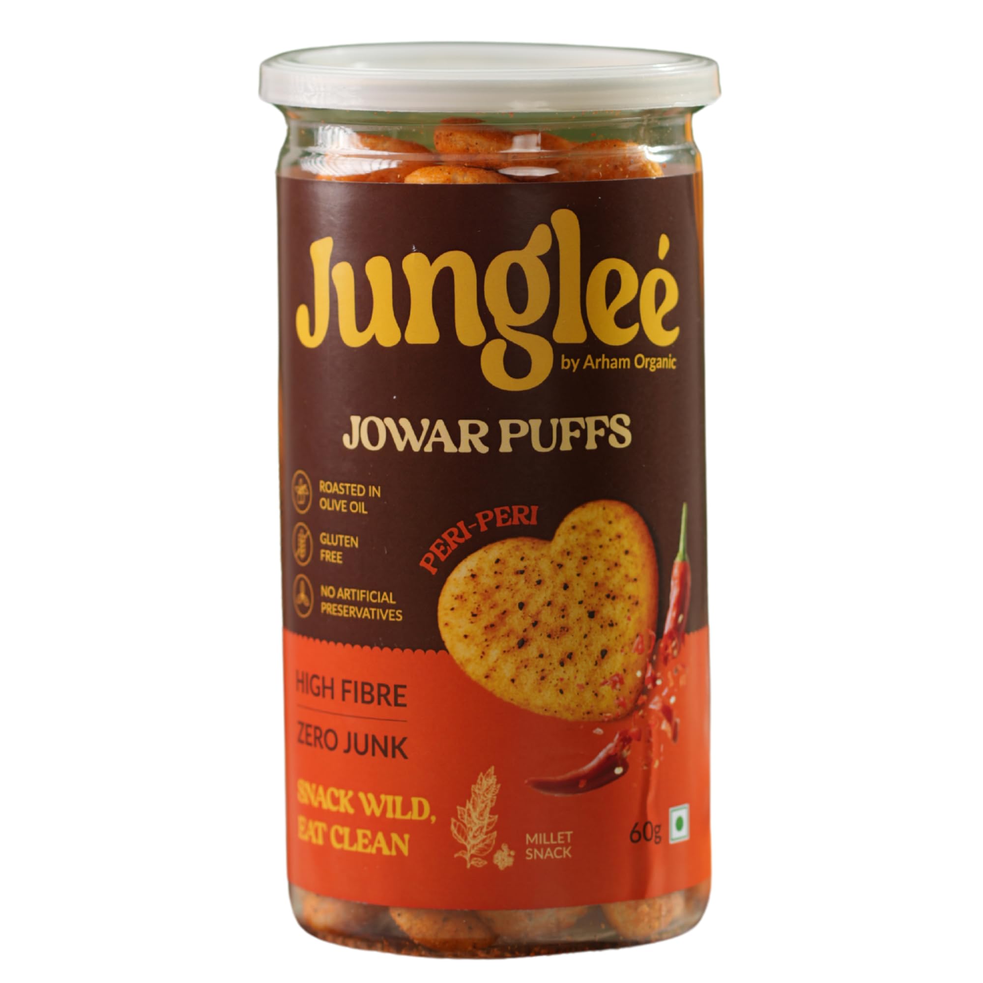 

Arham Organic 60Gm Jungleé Jowar Peri Peri Puffs | Roasted with Olive Oil | No Palm Oil or Preservatives | Gluten Free | High Fiber Snack (Pack o