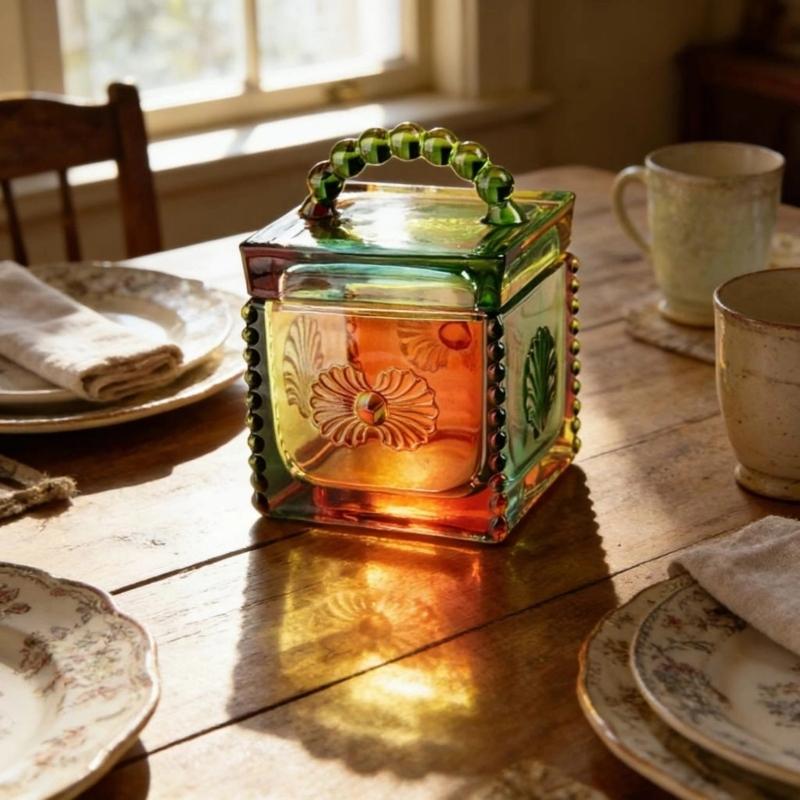 Artistic Square Candies Holder Clear Glass Featuring Intricate Embossed Detail Household Storage Jar