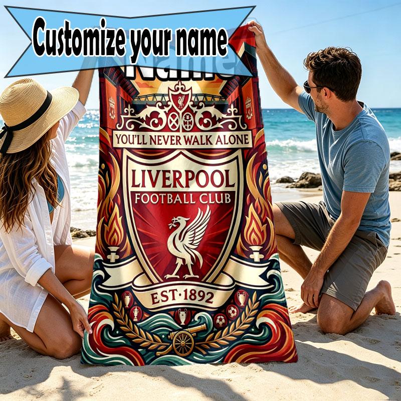 Custom Name Personalized Liverpool FC Print Beach Towel, for Trip Camping Beach Party Home Decor, Birthday Gift for Family & Friends