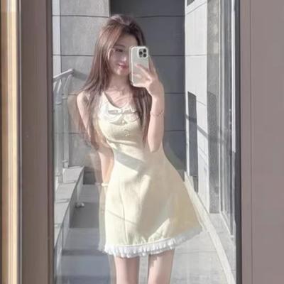 Milk Yellow Vest, Small Fragrant Wind, Beautiful Waist and Thin Dress for Seaside Holiday Vacation, Women's Early Summer Short Skirt To Wear