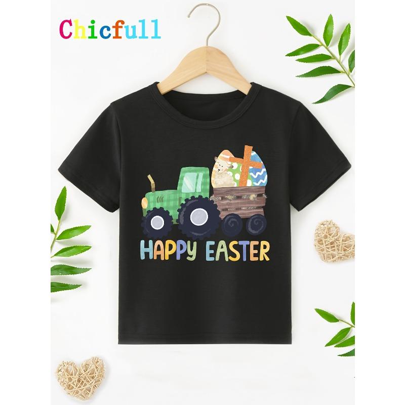 Европейские размеры Дети Пасха TX4233 Мальчики СЧАСТЛИВОЙ ПАСХИ Мультяшный Грузовик Принт Модная Трендовая Новая Футболка 98cm чёрный