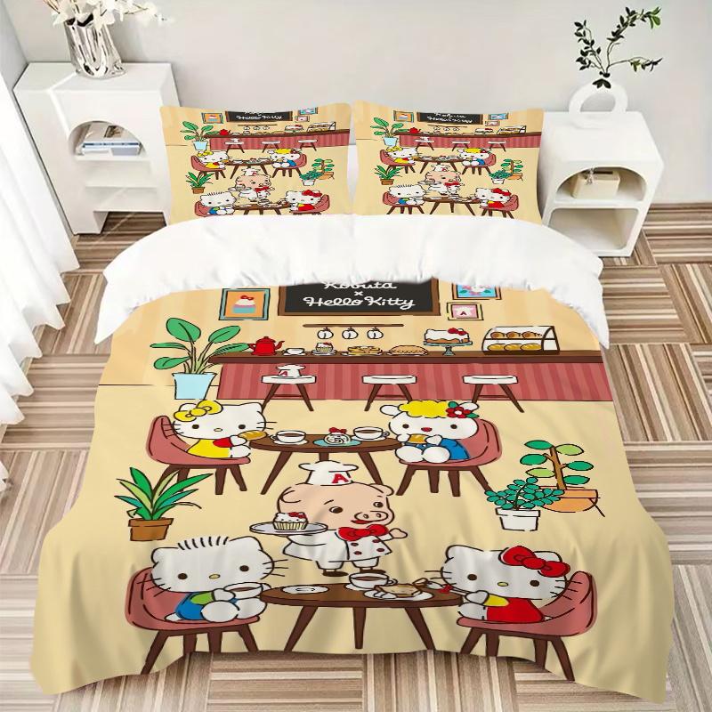 3pcs Hello Kitty in a Dessert Shop Bedding Set Includes Quilt Cover and Pillowcases, Suitable for All Seasons, Machine Washable Ideal Gift W043