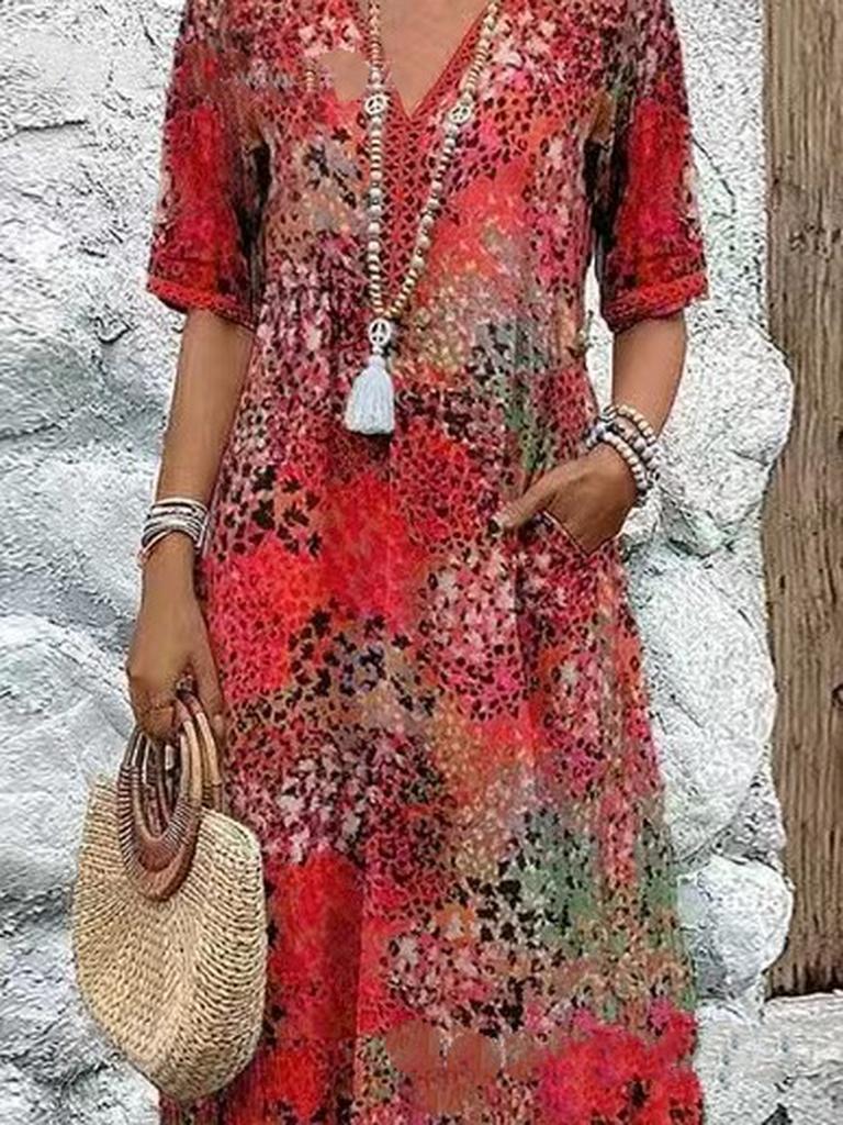 Modna Nowa Sukienka z Kwiatowym Wzorem i Wykończeniem, Dekoltem V, Krótkim Rękawem