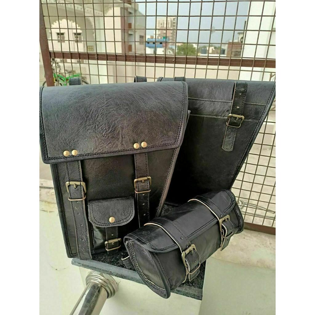 Kombinierte schwarze Motorrad-Satteltasche aus schwarzem Leder mit Schwingarm, Gepäck und kostenloser Werkzeugtasche