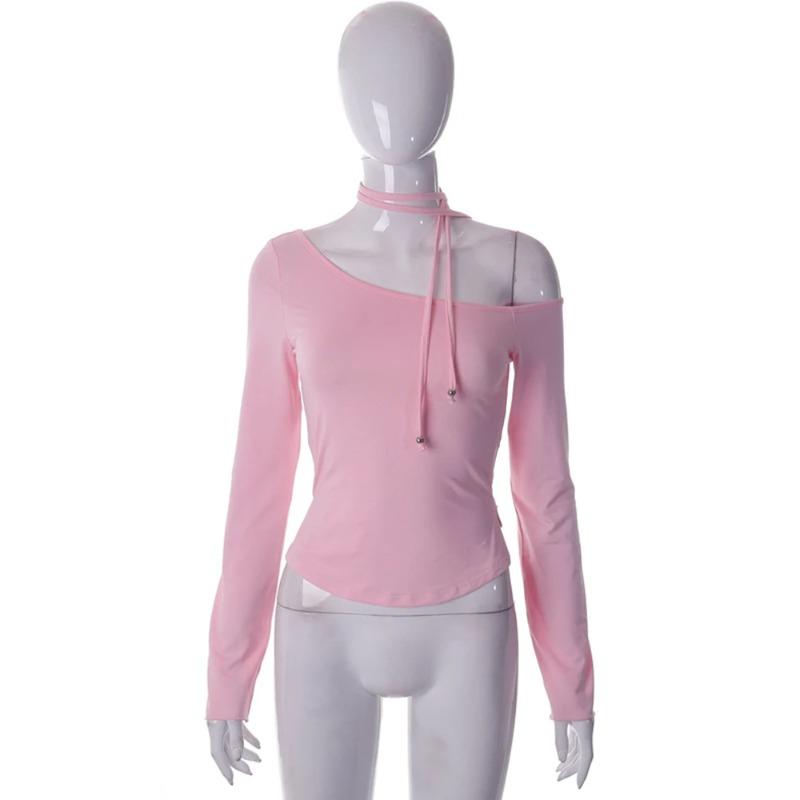 VAYLA Y2K Off Shoulder Long Sleeve Crop Top Women Sexy Slim Vintage Pink T Shirts Casual Outfits Streetwear Club