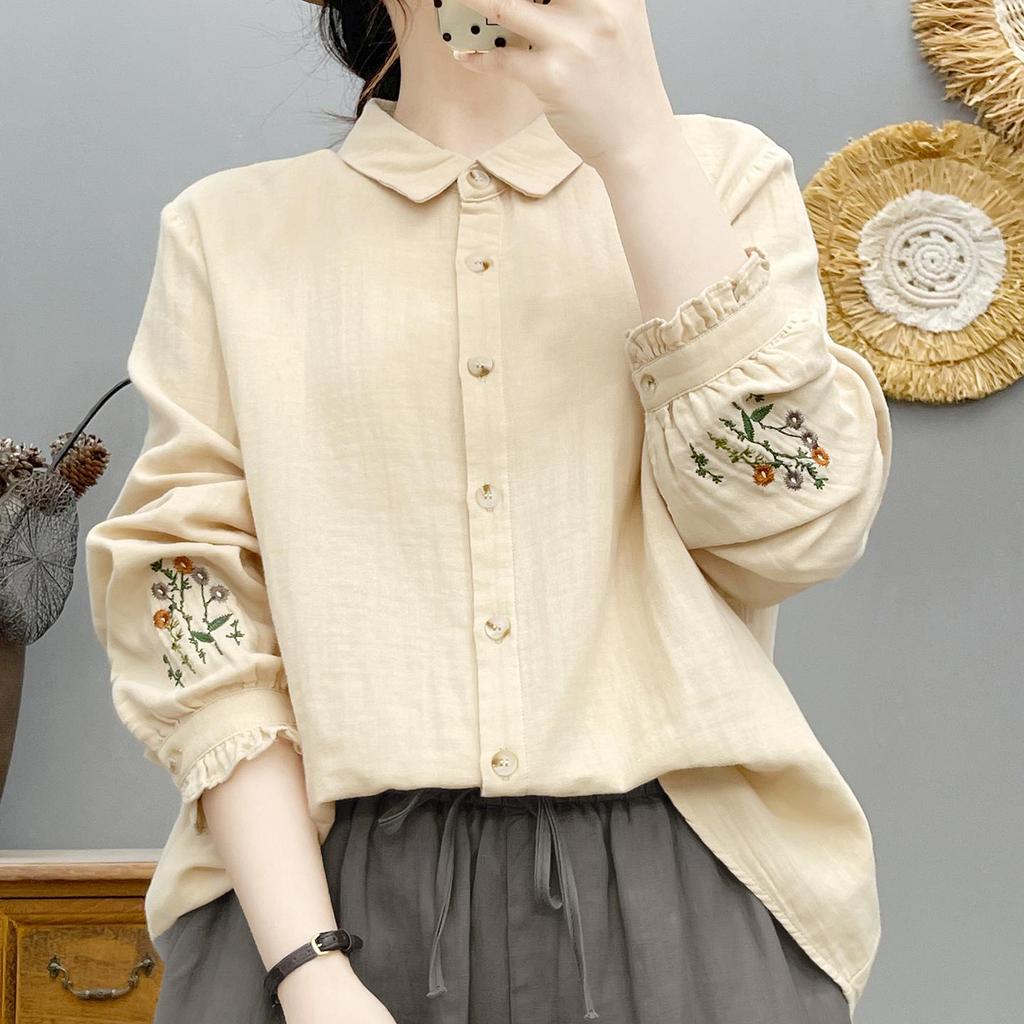 Women's Forest Style Embroidered Cotton Gauze Shirt: Long Sleeve, Soft, Breathable, Loose Fit, Slimming, Pure Cotton Top