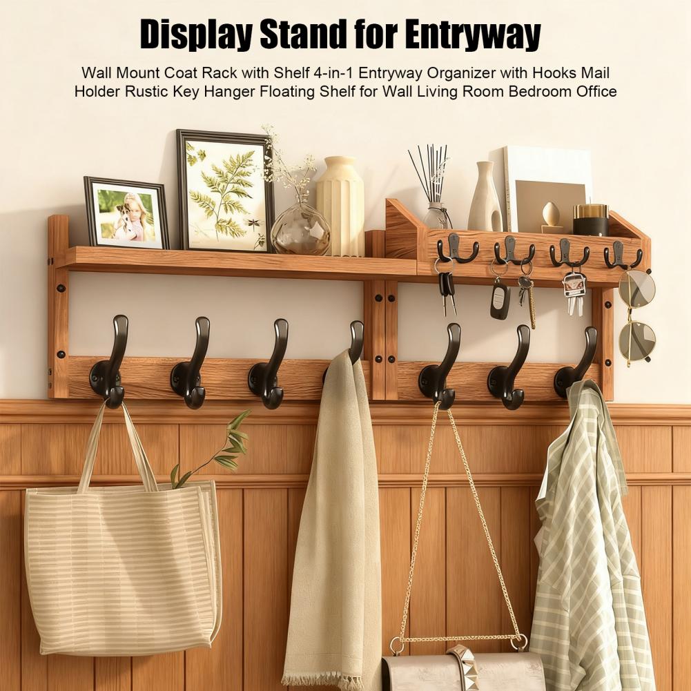 74cm Wall Mount Coat Rack With Shelf 4-in-1 Entryway Organizer With Hooks Mail Holder Rustic Key Hanger Floating Shelf For Wall