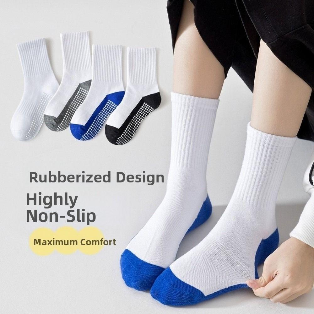 5Pairs Solid Cotton Children's Floor Socks Student Sports Socks with Grips  Spring Autumn