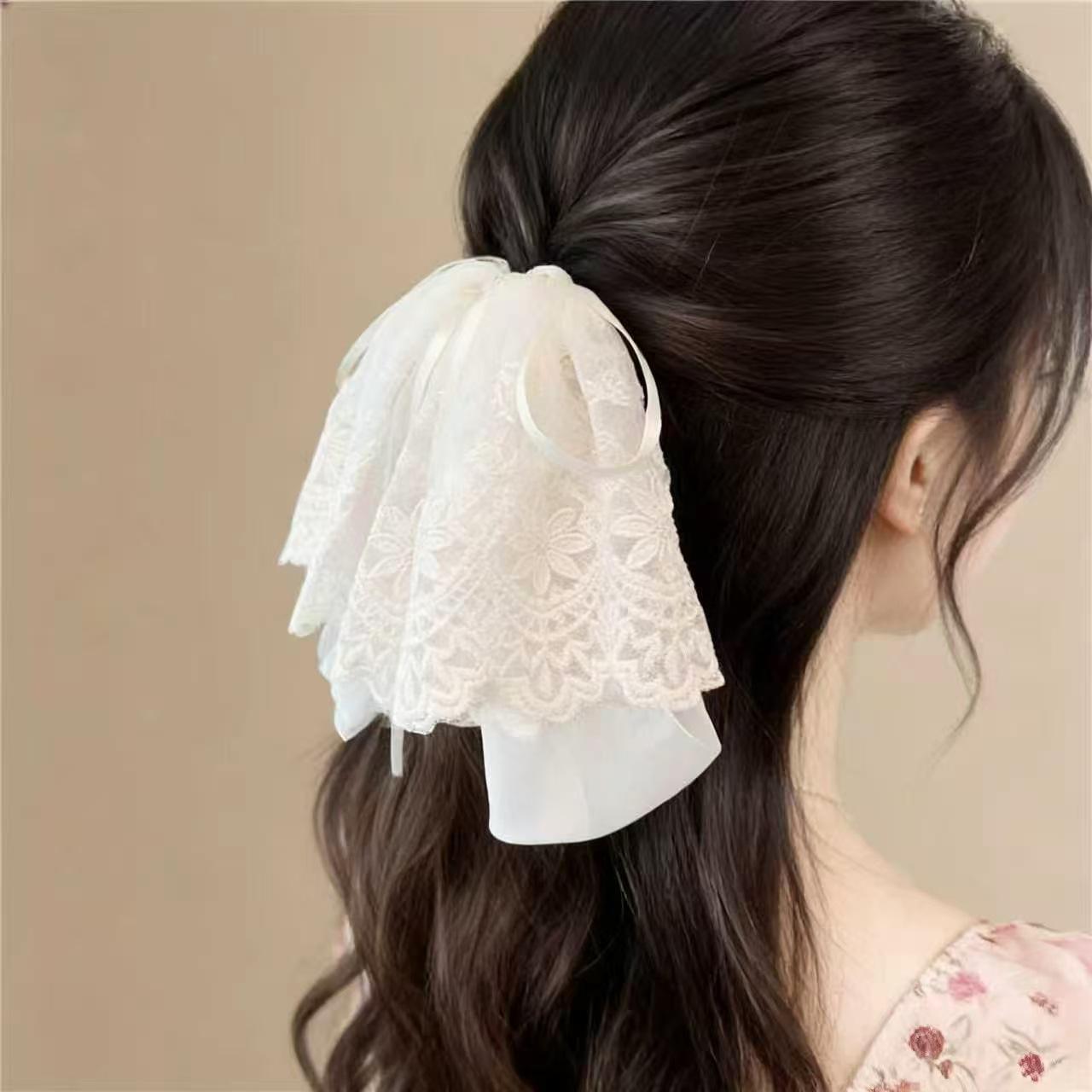 Lace Bow Mesh Ribbon Claw Clip - High-End Korean Style Ponytail Accessory